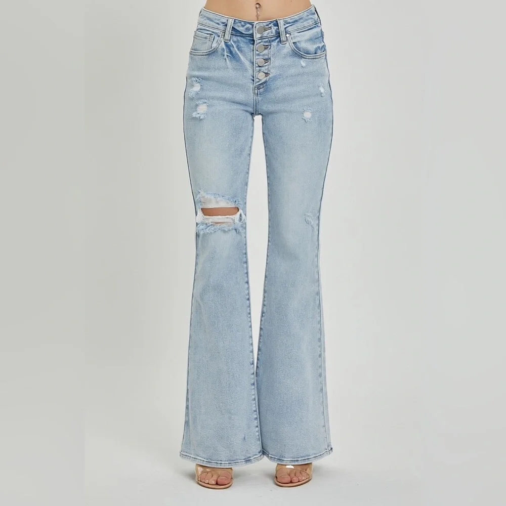 Mid Rise Button Fly Flare Jeans - Risen - Picture 2 of 6